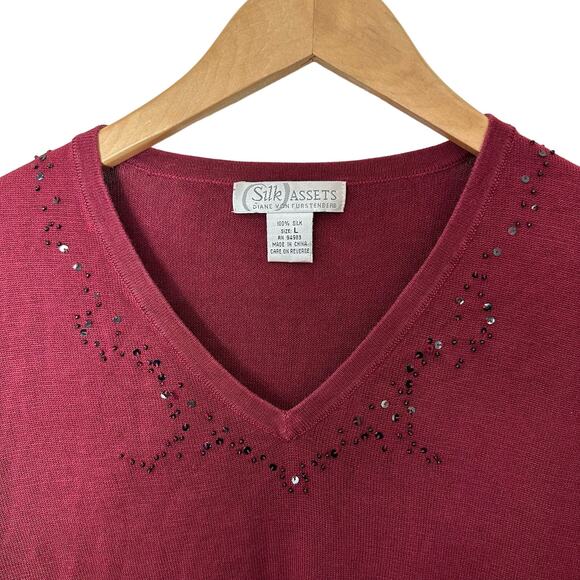 Diane Von Furstenberg Silk Assets Red Knit Top Beaded Sequins V Neck Pullover L - Picture 5 of 6